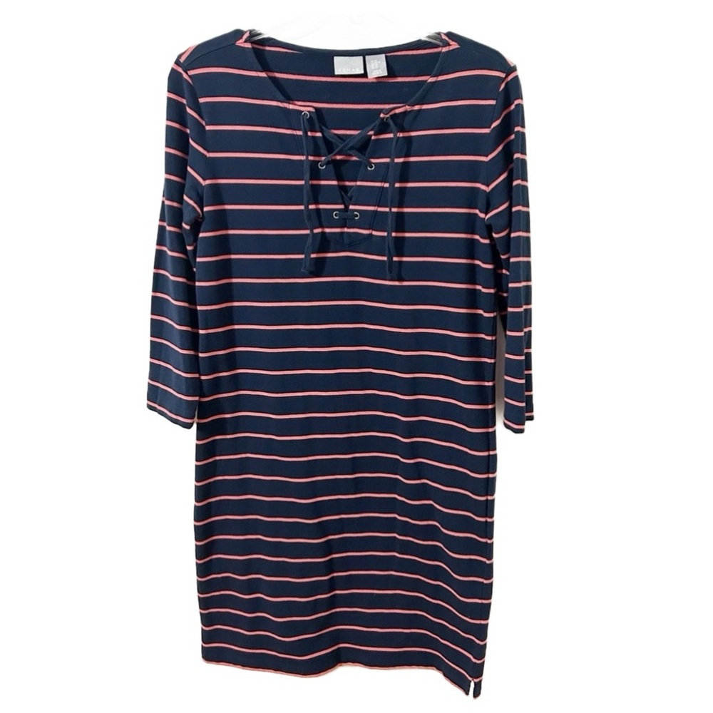 Kenar Striped Three Quarter Sleeve Corset Tie Front Shirt Dress Navy Coral 🪸